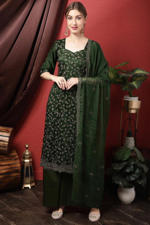 Fern Green Cotton Rayon Embroidered Straight Cut Palazzo Suit