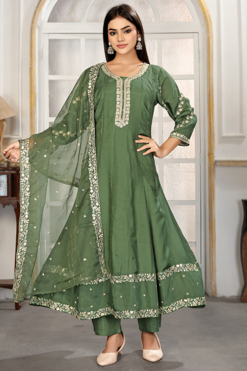 Fern Green Cotton Silk Straight Pants Suit With Sequins Work