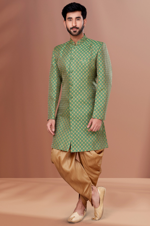 Fern Green Jacquard Woven Zari Men's Sherwani