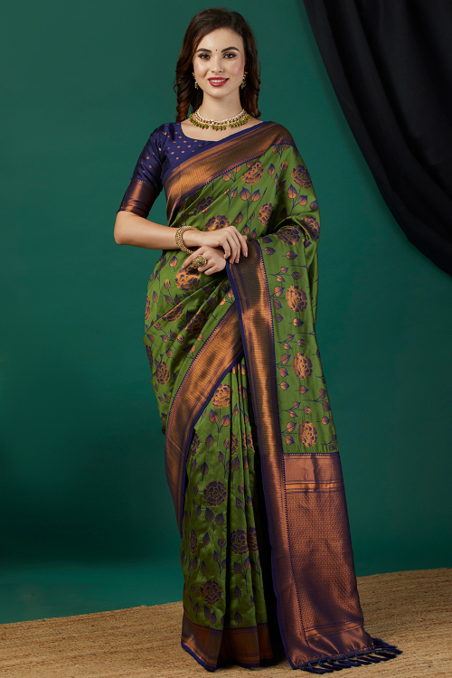 Fern Green Silk Saree with Woven Zari and Broad Border Design