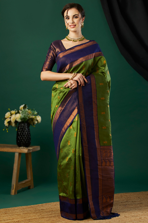 Fern Green Silk Saree with Intricate Woven Zari Broad Border