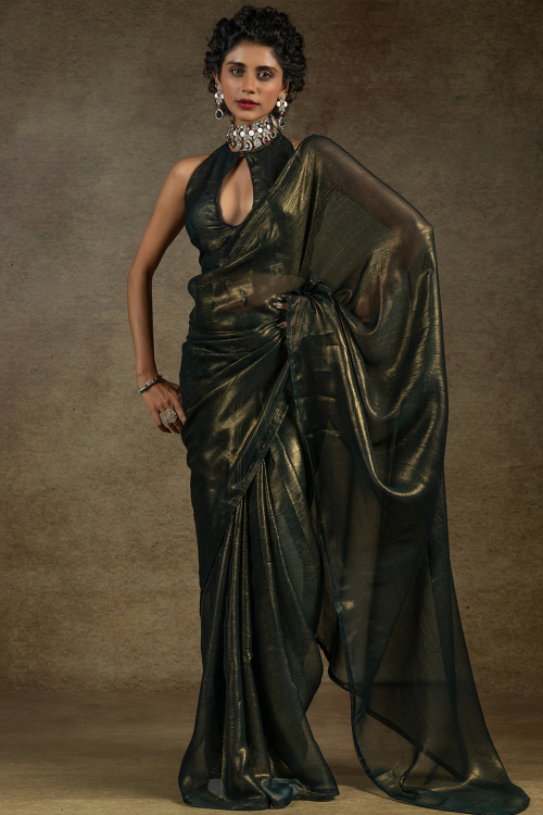 Fern Green Tissue Saree with Shimmer for Mehndi