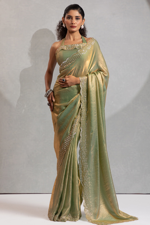 Fern Green Tissue Stone Work Saree For Festival