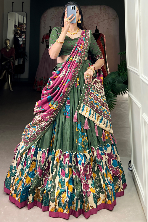 Fern Green Tussar Silk Lehenga With Printed Work For Diwali