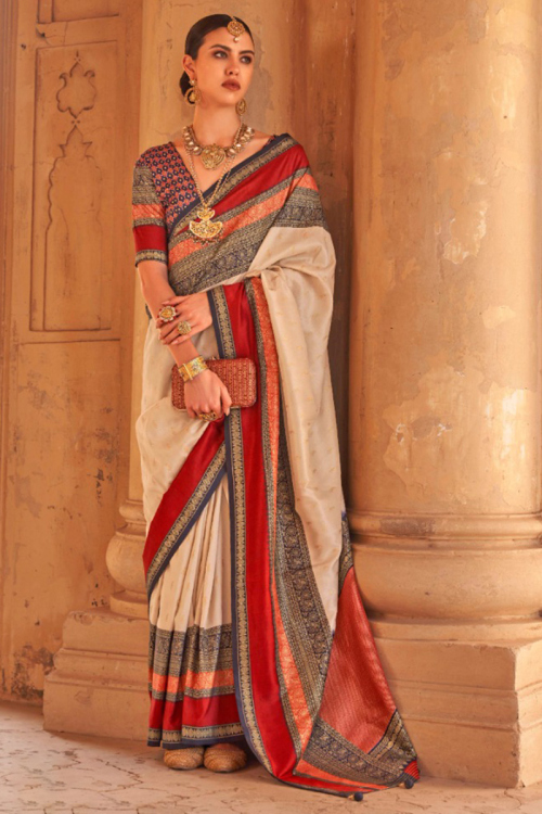 Festival Wear Art Silk Cream Kanchipuram Saree 