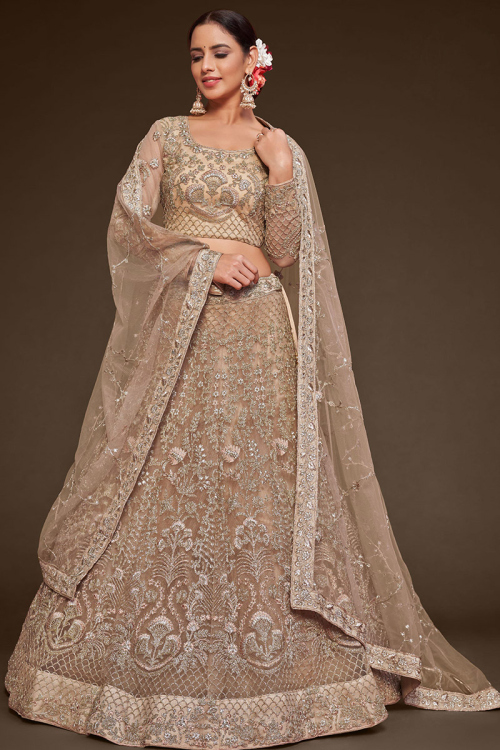 Festival Wear Beige Net Embroidered Lehenga 