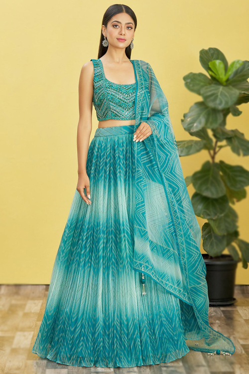 Festival Wear Blue Organza Printed Lehenga 