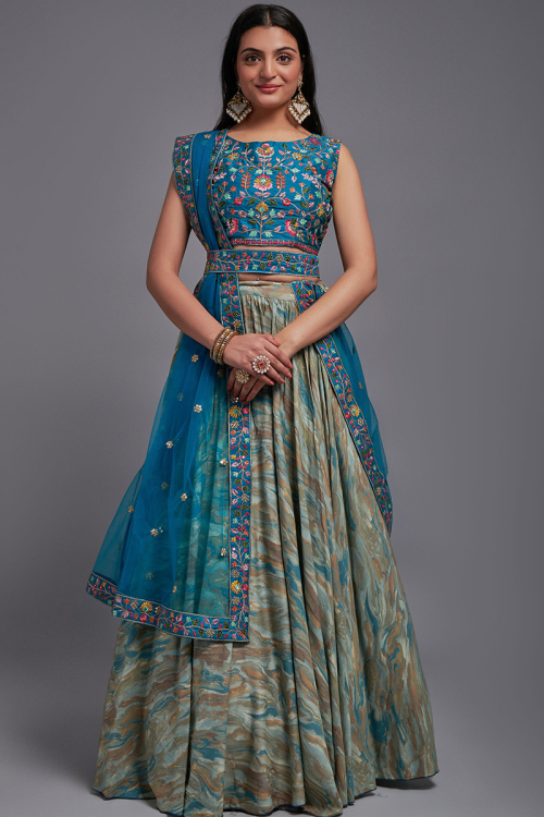 Festival Wear Bluish Grey Viscose Printed Lehenga