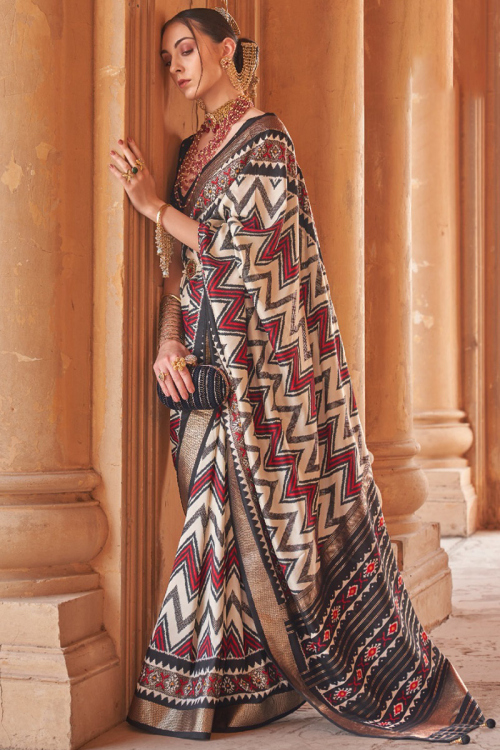 Festival Wear Cream and Black Patola Printed Silk Saree 