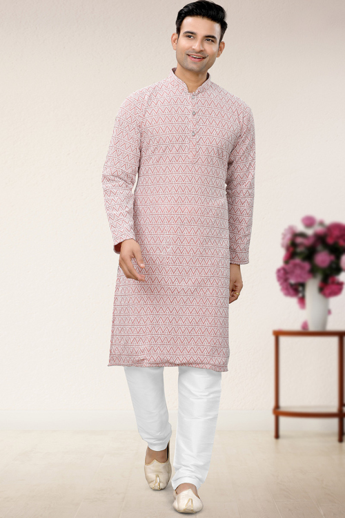 Festival Wear Georgette Dusty Pink Straight Cut Men Kurta Pajama