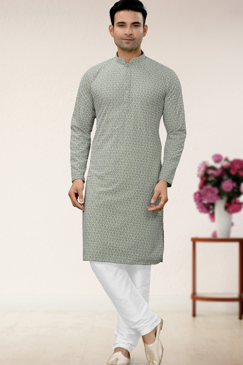 Festival Wear Georgette Sage Green Straight Cut Men Kurta Pajama