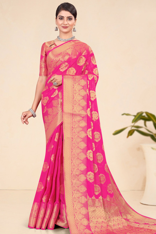 Festival Wear Hot Pink Broad Border Weaved Zari Viscose Saree