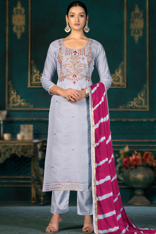 Festival Wear Light Grey Art Silk Embroidered Trouser Suit