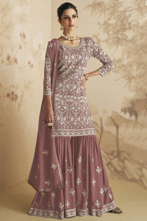 Festival Wear Mauve Pink Georgette Embroidered Sharara Suit