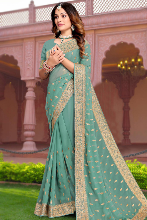 Festival Wear Mint Blue Georgette Embroidered Saree