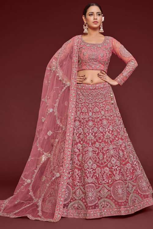 Festival Wear Net Coral Pink Embroidered Lehenga 