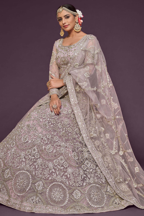 Festival Wear Net Light Grey Embroidered Lehenga 