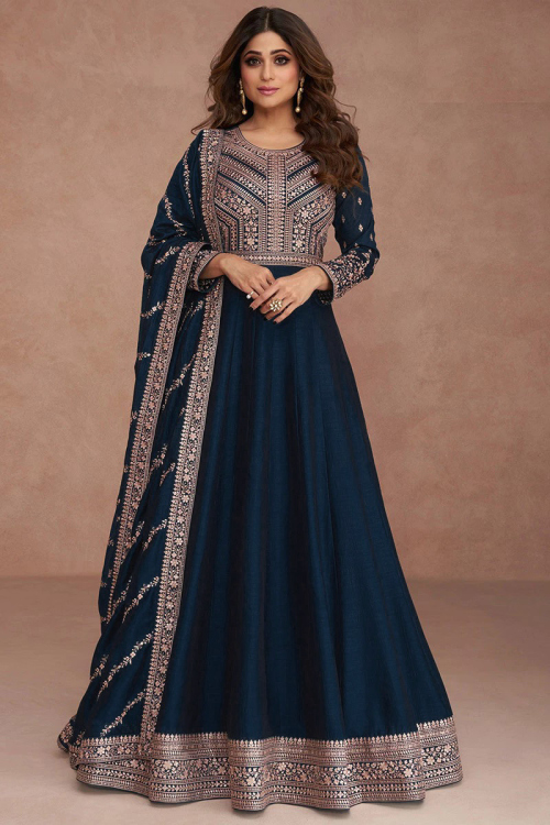 Festival Wear Peacock Blue Silk Embroidered Anarkali Suit 