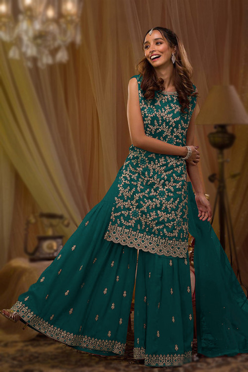 Festival Wear Persian Green Embroidered Sharara Suit 