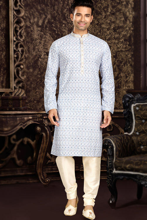 Festival Wear Powder Blue Churidar Cotton Men Kurta Pajama
