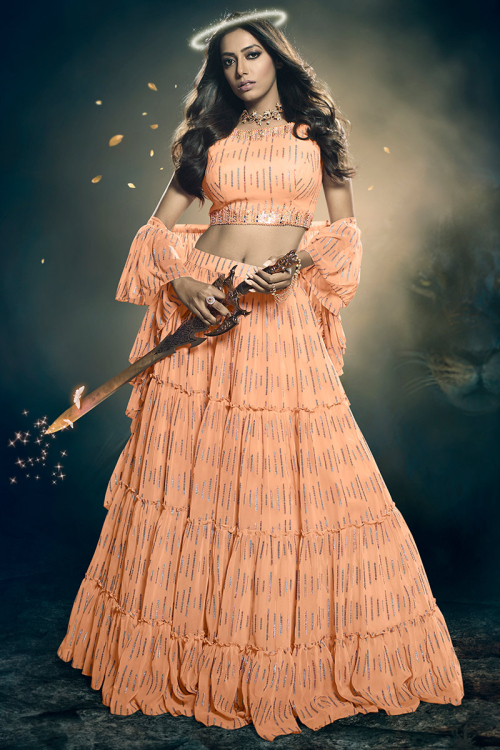 Festival Wear Sequins Embroidered Coral Peach Lehenga 