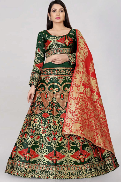 Festival Wear Silk Dark Green Woven Zari Lehenga 