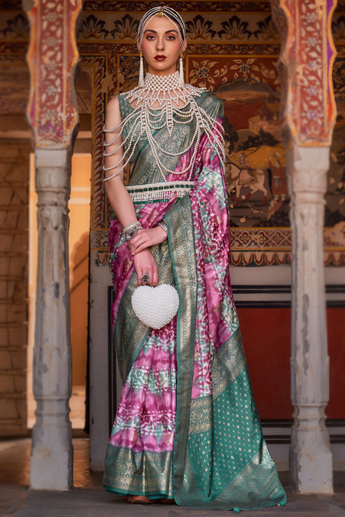 Festival Wear Silk Pink Broad Border Printed Saree