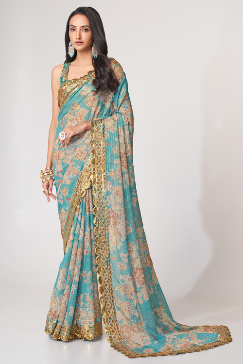 Festival Wear Sky Blue Georgette Floral Printed Saree 