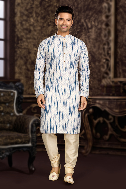 Festival Wear White Cotton Silk Men Kurta Pajama
