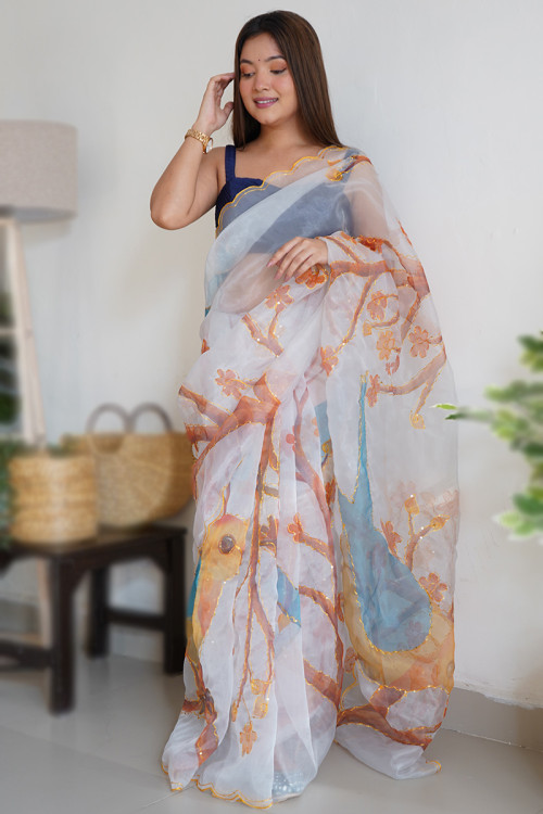 Off White Printed Organza Chikankari Saree