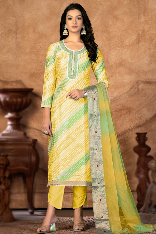 Festival Wear Yellow Leheriya Printed Silk Trouser Suit 
