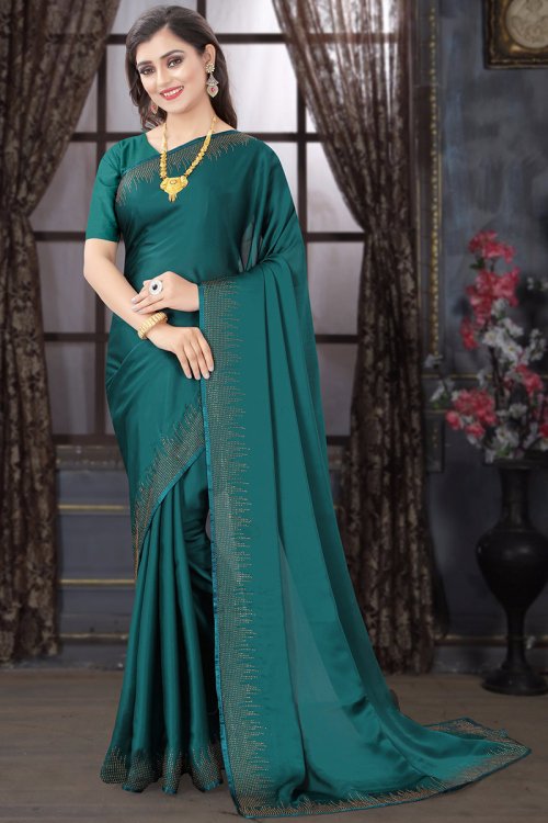 Teal Green Satin Georgette Saree