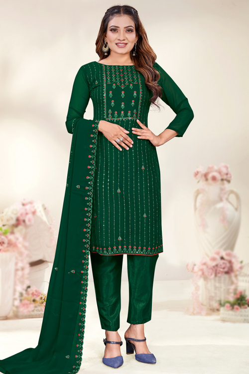 Festive Wear Dark Green Sequins Embroidered Trouser Suit