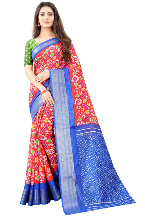 Pochampally Silk Ikat Floral Printed Sage Green Saree | Kankatala