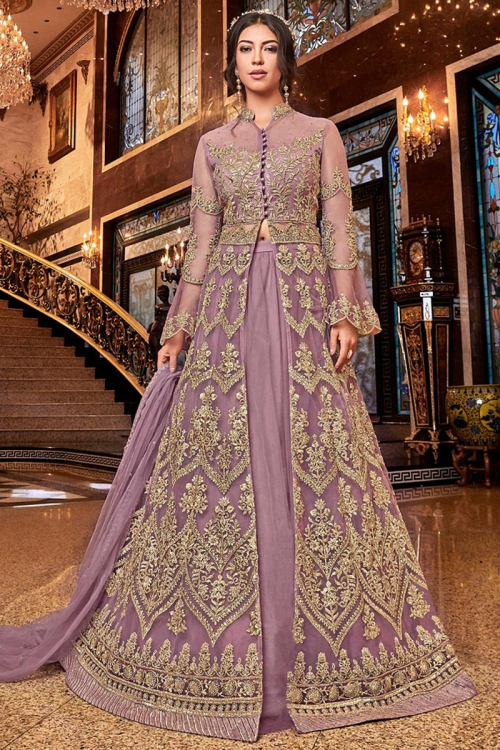 Flared Net Mauve Pink Dori Embroidered Lehenga 