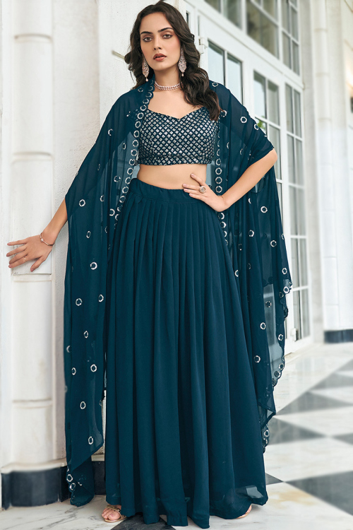 Flared Style Prussian Blue Georgette Lehenga Choli