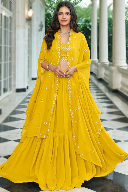 Flared Style Yellow Embroidered Georgette Lehenga Choli For Haldi 