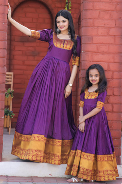 Floor Length Silk Purple Mother-Daughter Gown