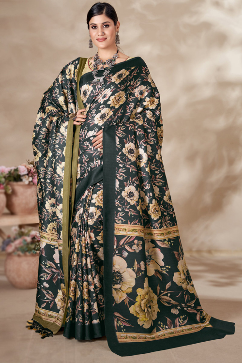 Floral Cotton Silk Dark Bottle Green Light Weight Saree