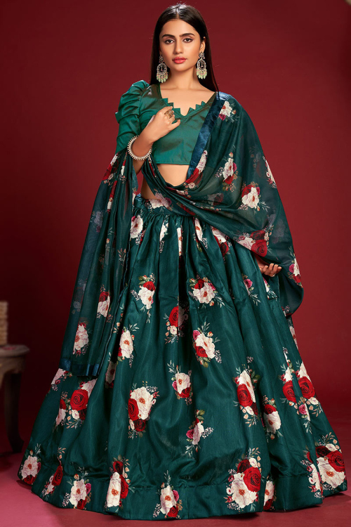 Floral Print Bangalori Silk Teal Green Lehenga