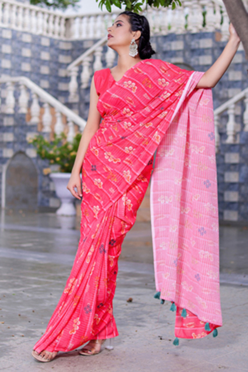 Floral Print Carrot Pink Party Wear Georgette Saree 