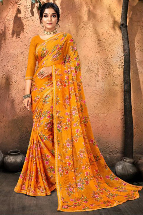 Kasee Women's Yellow Floral Embroidered Net Saree With Unstitched Blouse  Piece - Kasee - 4191083