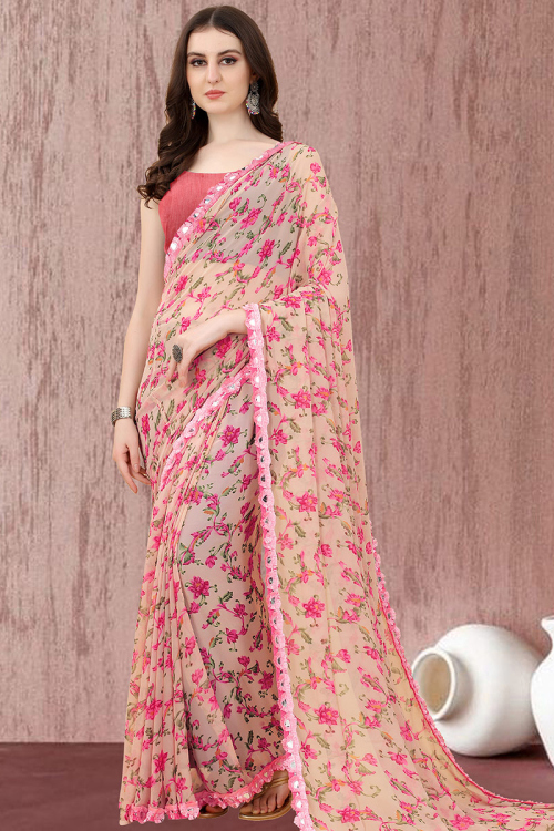 Floral Print Light Peach Casual Wear Georgette Saree 