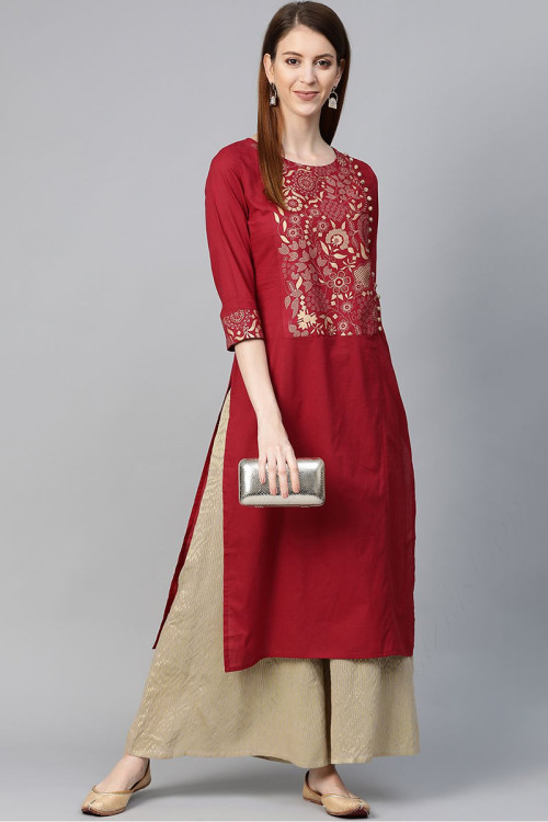 Buy Red Poly Cotton Kurtis Kurtas Online for Women in UK