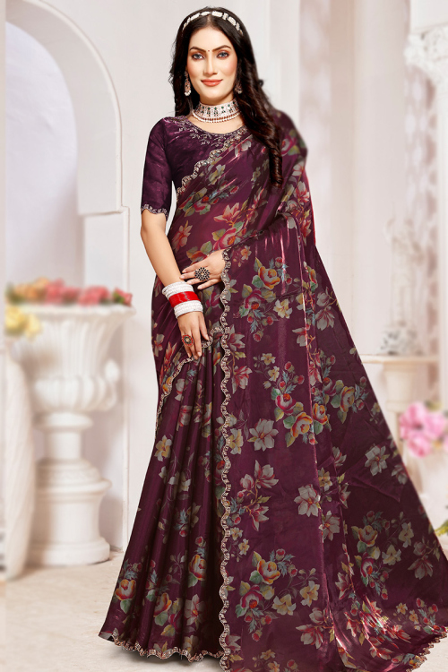 Floral Printed Burgundy Maroon Organza Silk Saree