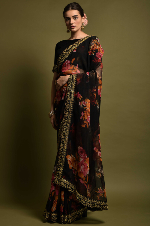 Floral Printed Chiffon Black Saree