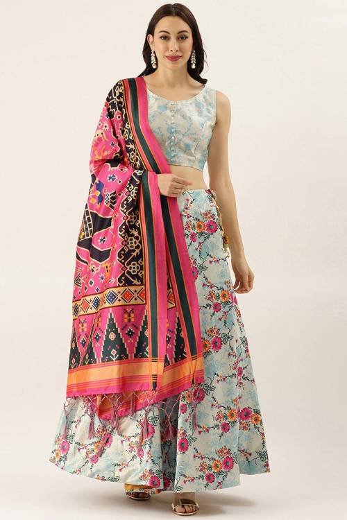 Floral Printed Off White Silk A Line Lehenga