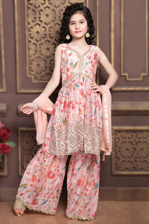 Floral Printed Salmon Peach Chinnon Sharara Suit For Sangeet 