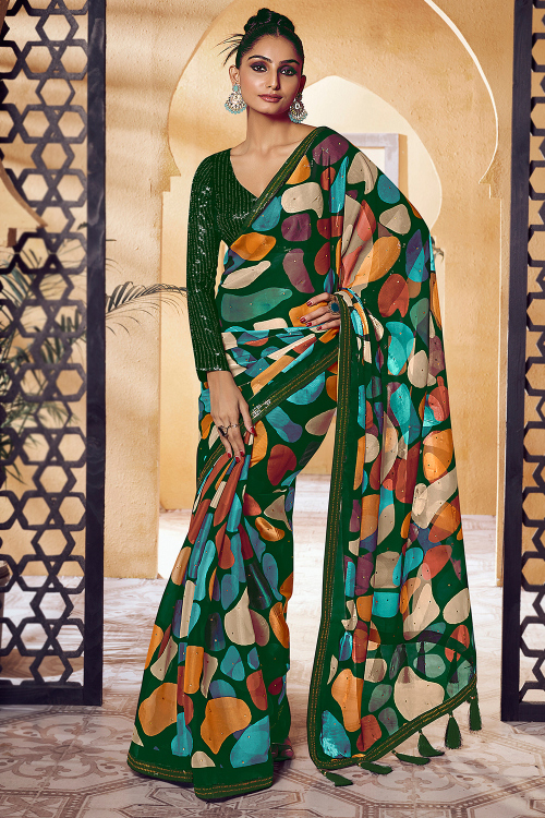 Dark Green Printed Saree with Stone & Lace Detailing
