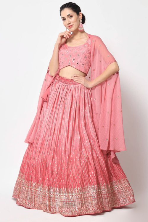 Foil Print Embroidered Chinnon Pink Lehenga